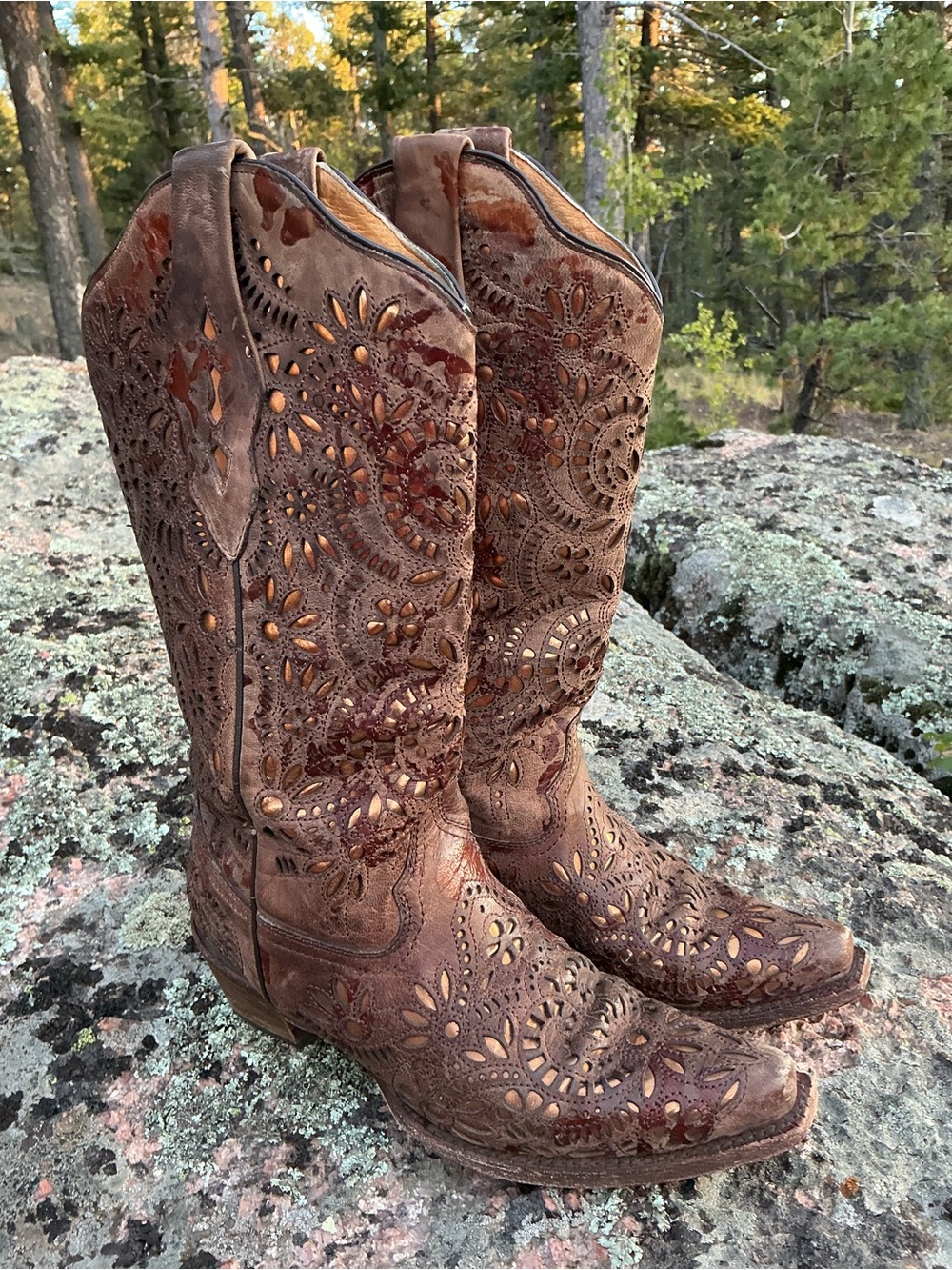 Corral Leather Floral Gold Cutout Western Cowboy Boots 7.5M - Picture 8 of 16